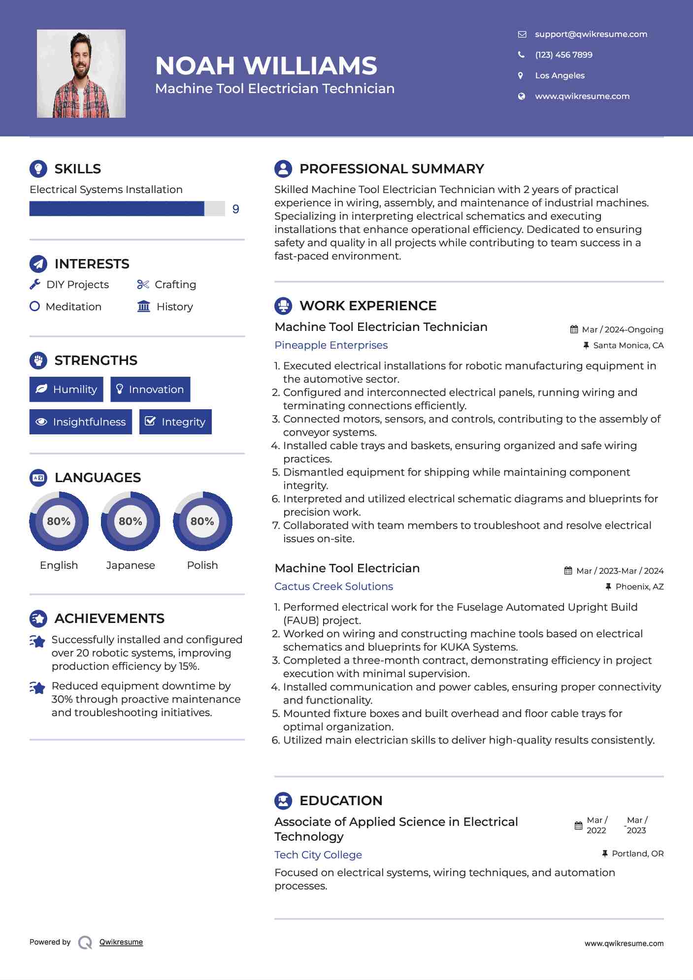 Machine Tool Electrician Technician Resume Sample