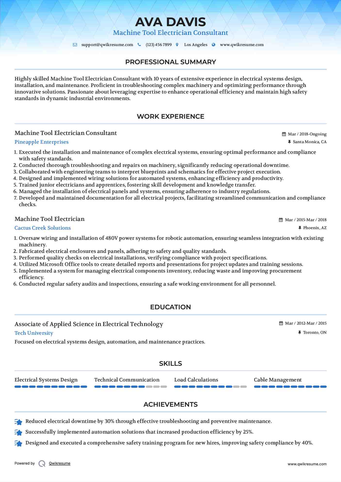Machine Tool Electrician Consultant Resume Format