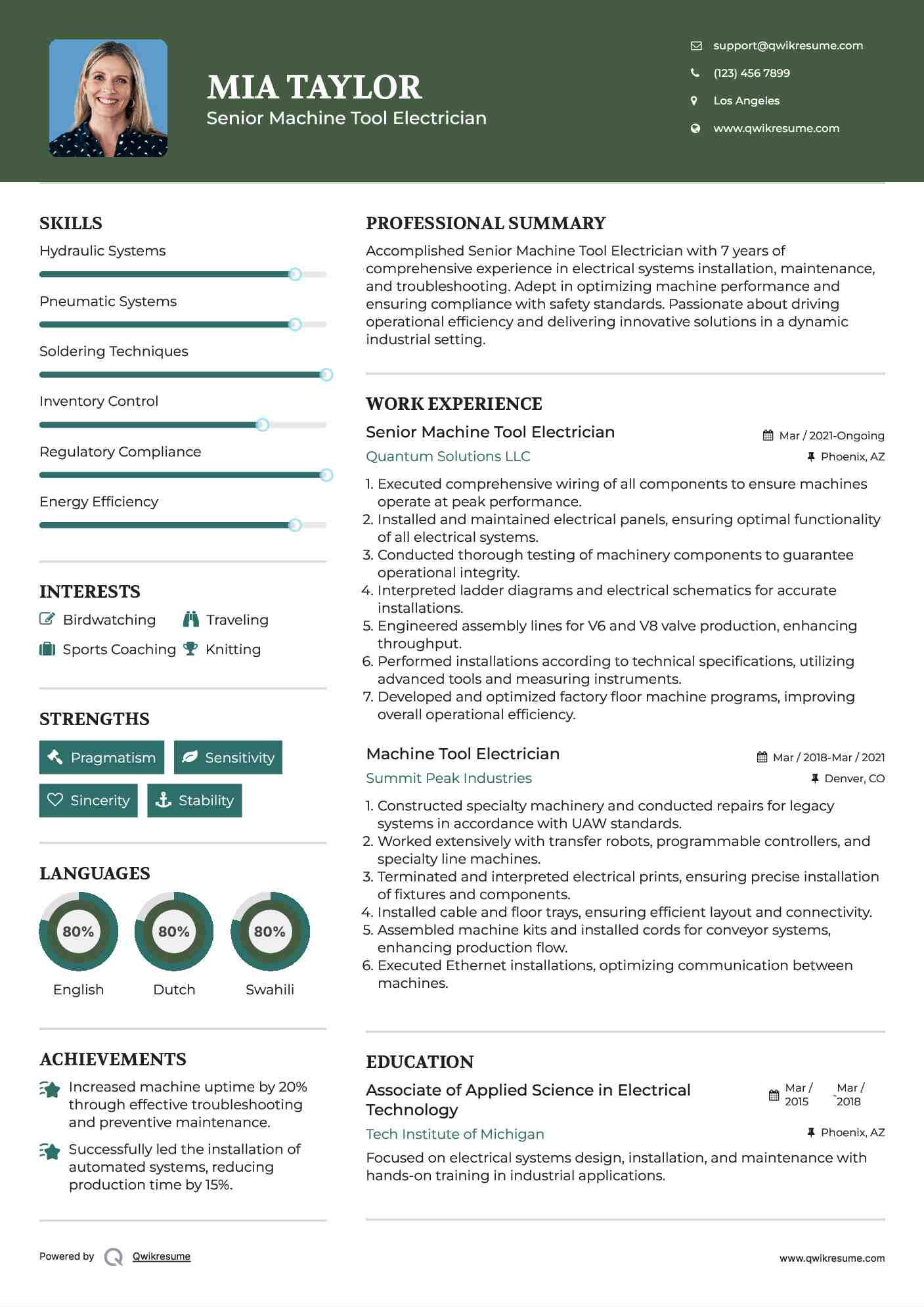 Senior Machine Tool Electrician Resume Model