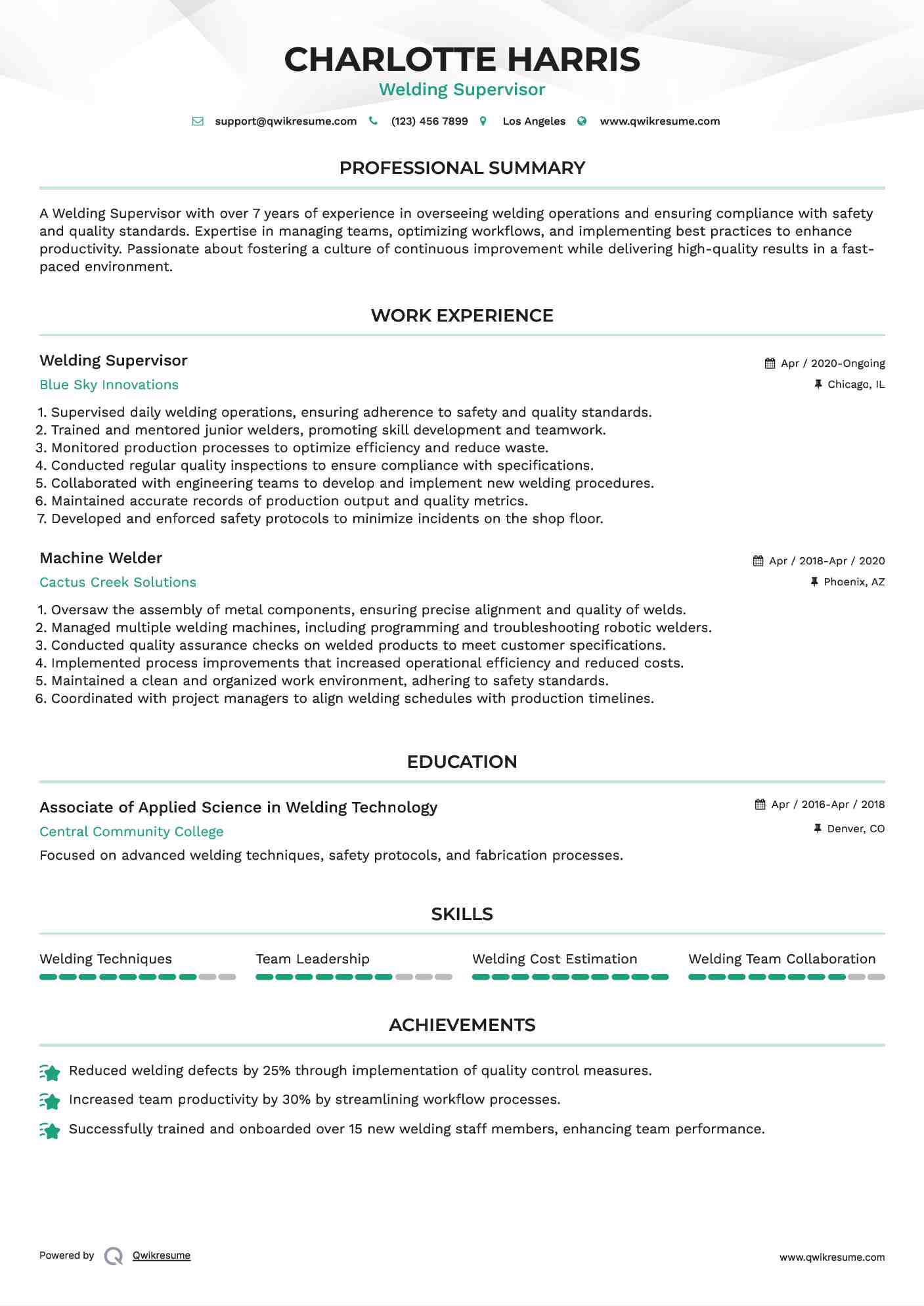 Welding Supervisor Resume Model