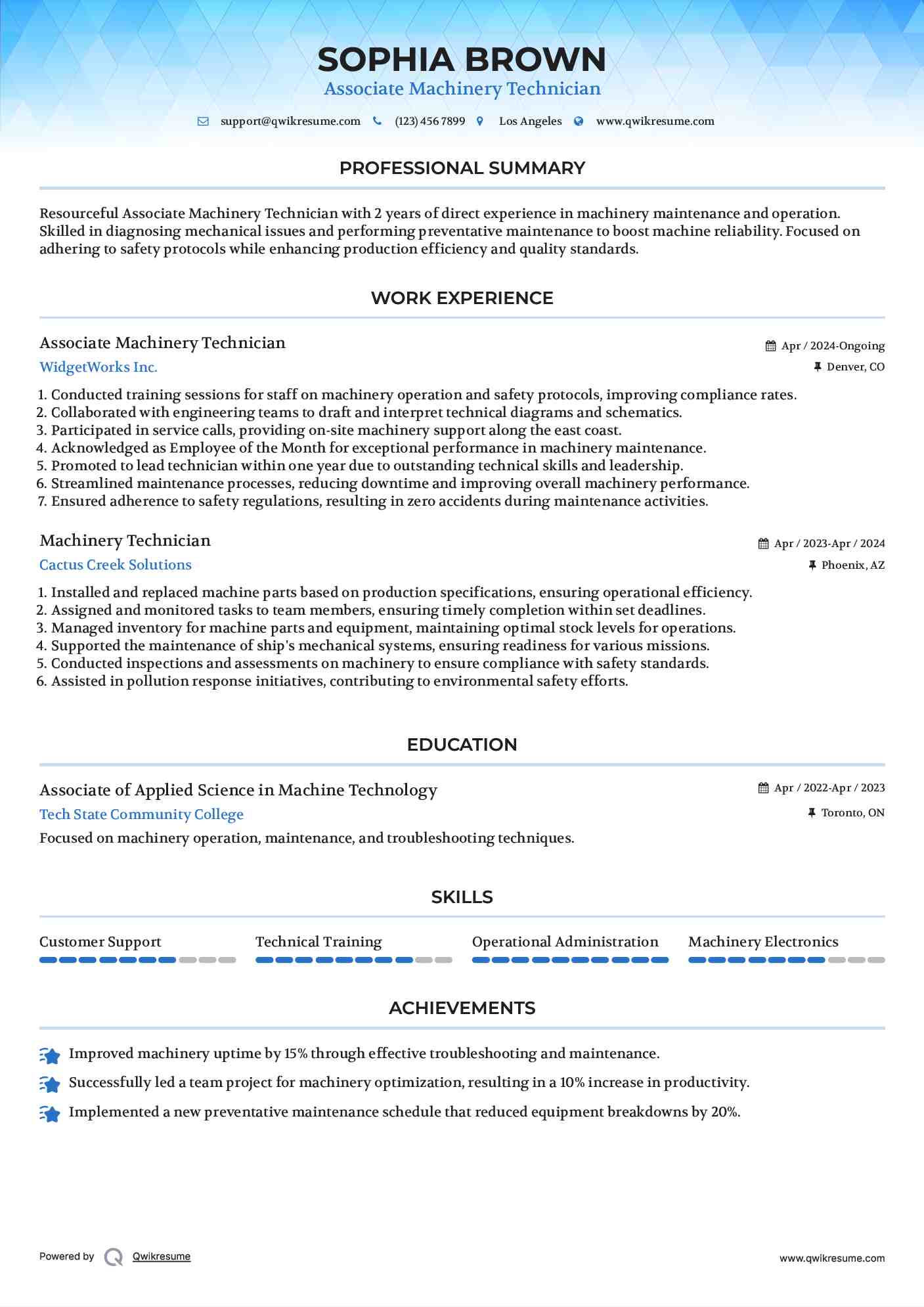 Associate Machinery Technician Resume Model