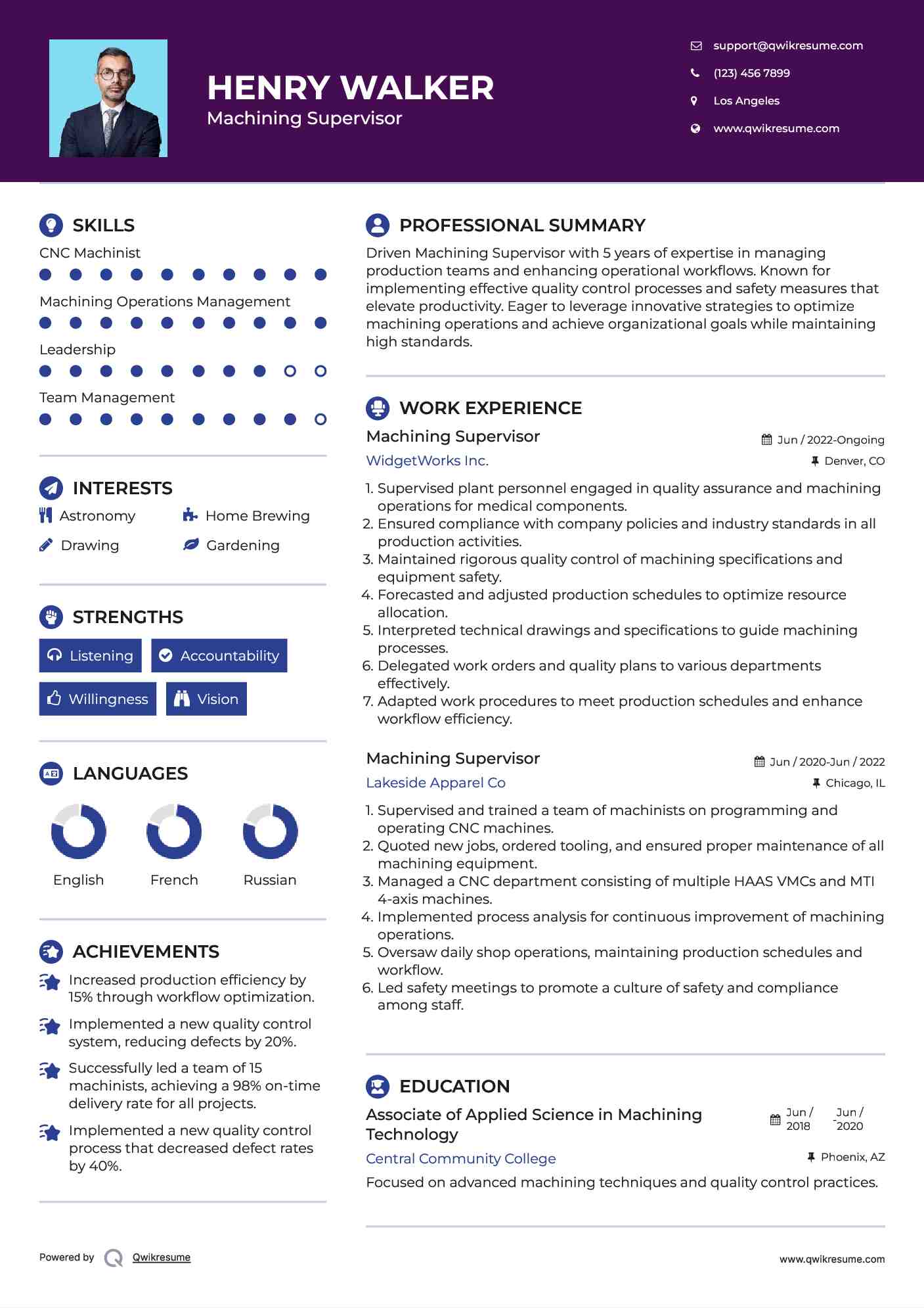 Machining Supervisor Resume Sample