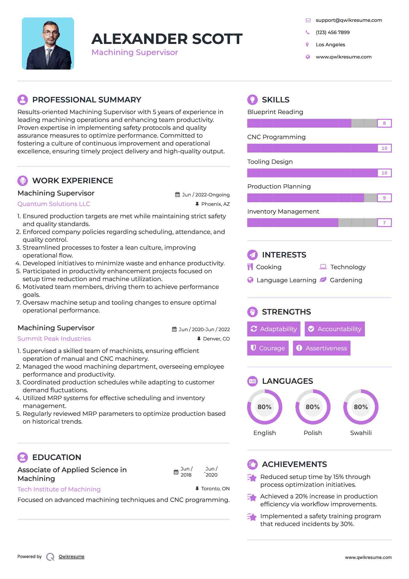 Machining Supervisor Resume Sample
