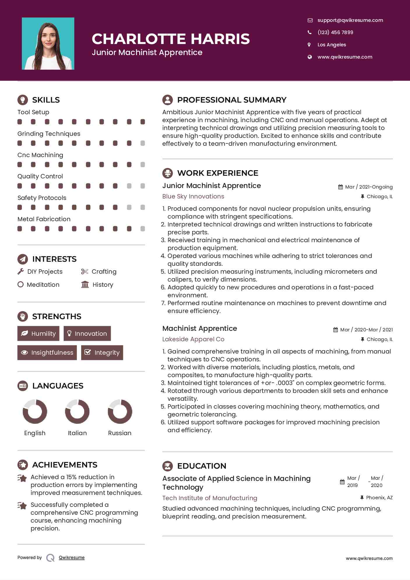 Junior Machinist Apprentice Resume Example