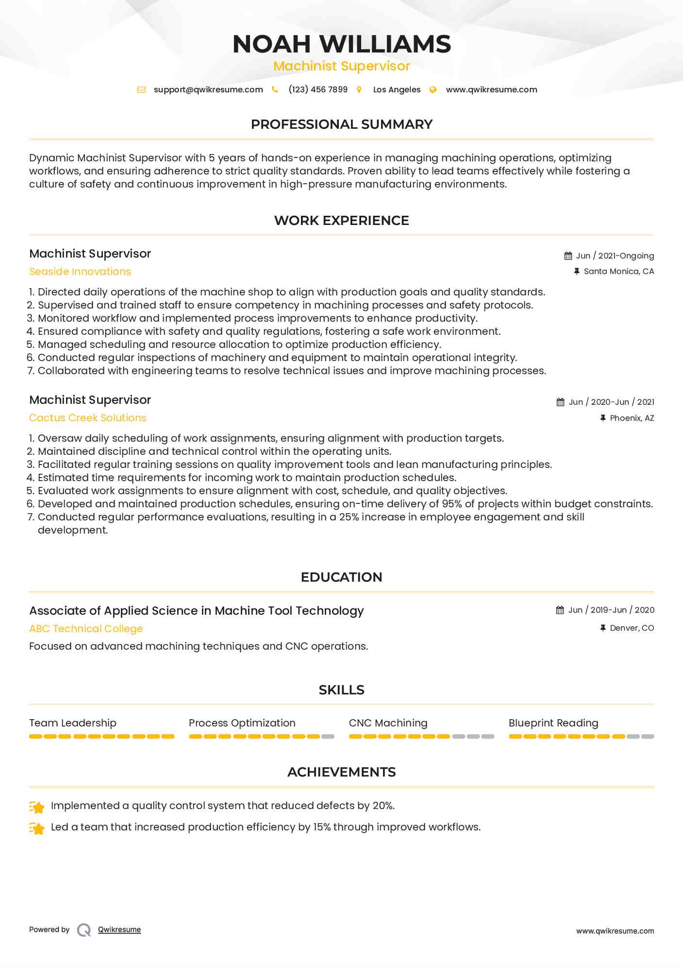 Machinist Supervisor Resume Sample