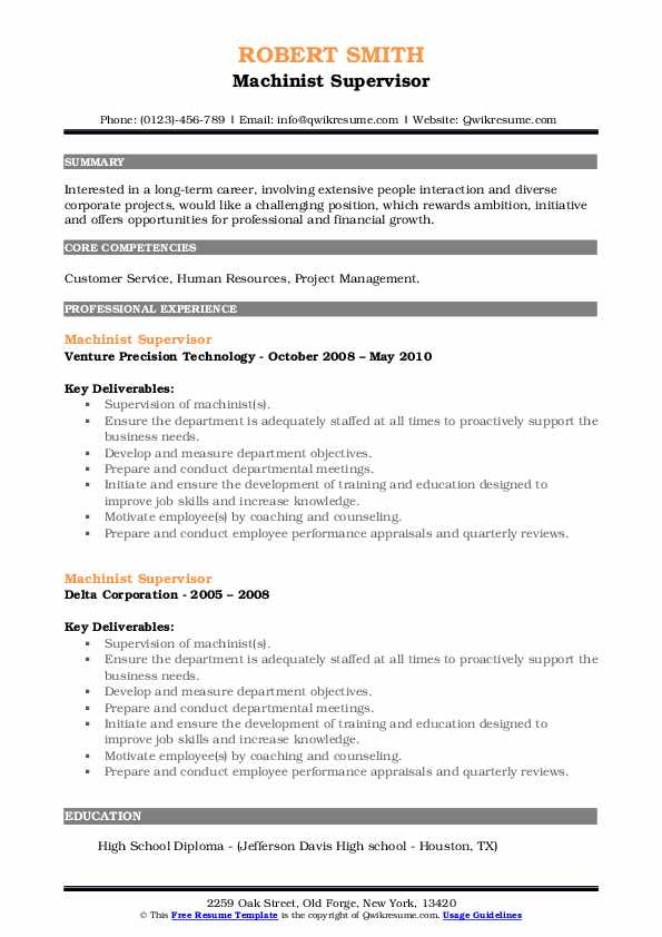 Machinist Supervisor Resume Samples - Machinist Supervisor 1635183356 Pdf