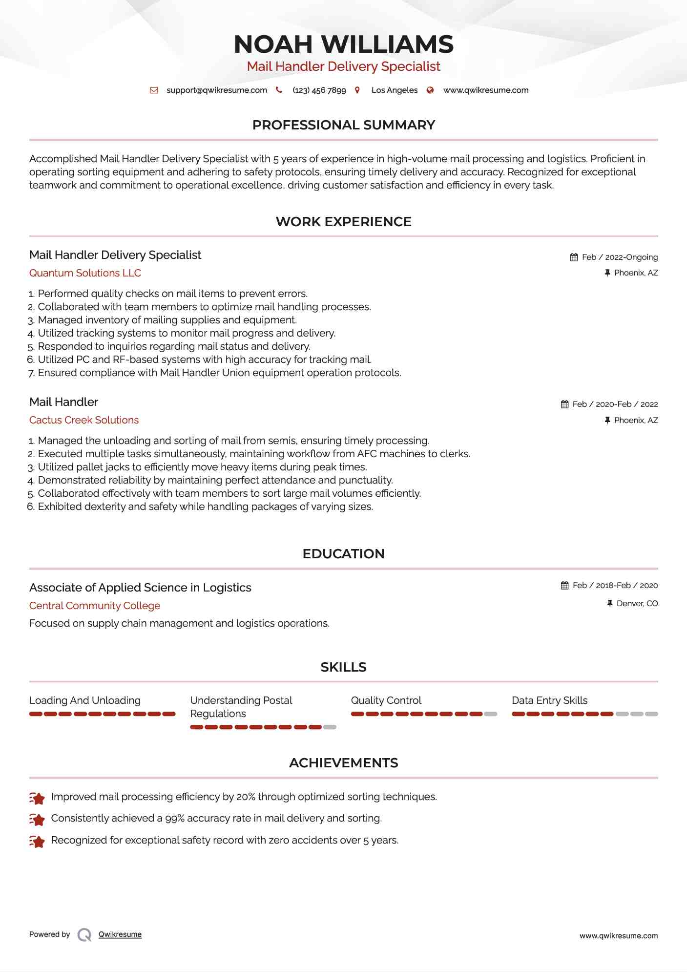 Mail Handler Delivery Specialist Resume Sample