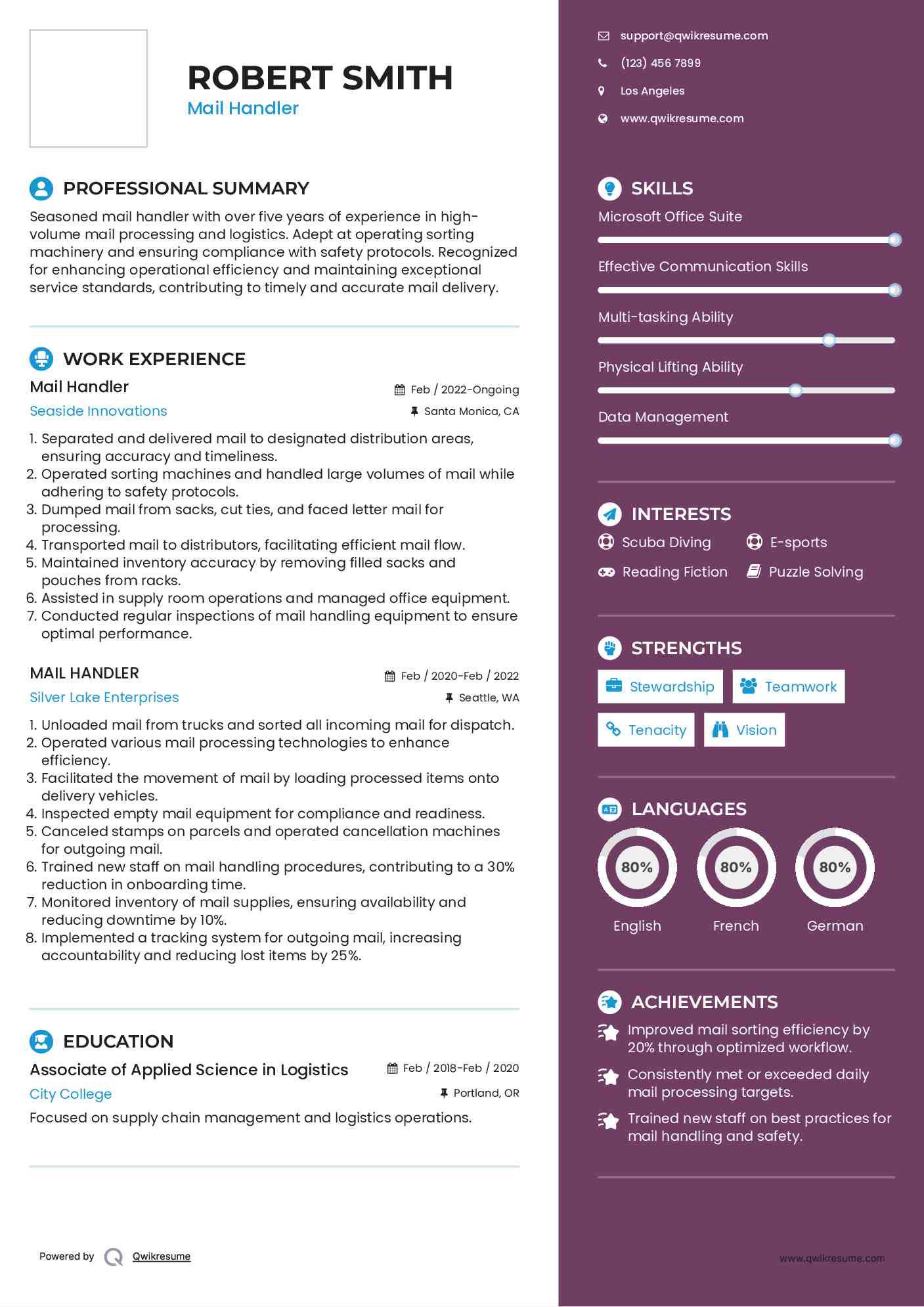 Mail Handler Resume Samples QwikResume