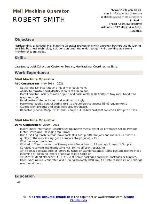 Mail Machine Operator Resume Samples QwikResume
