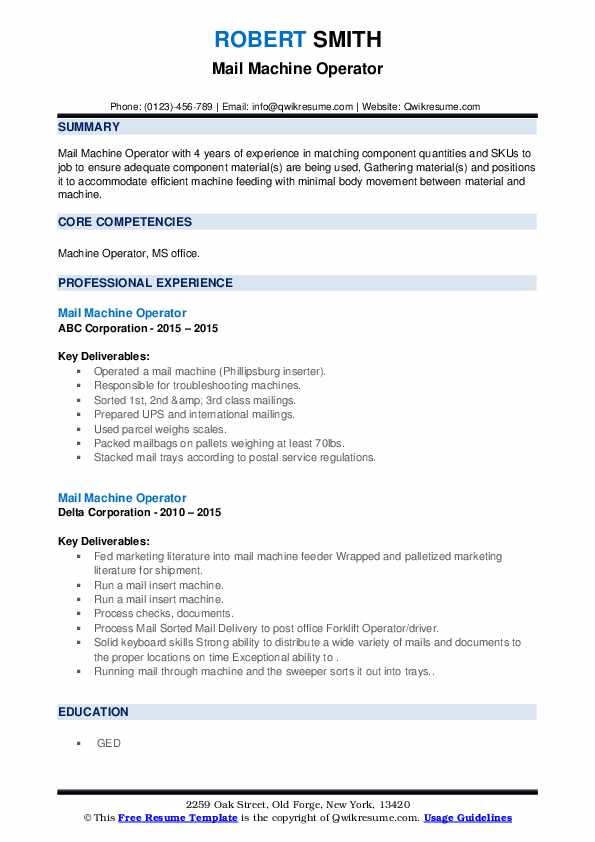 Mail Machine Operator Resume Samples QwikResume
