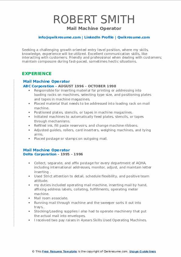 Mail Machine Operator Resume Samples QwikResume