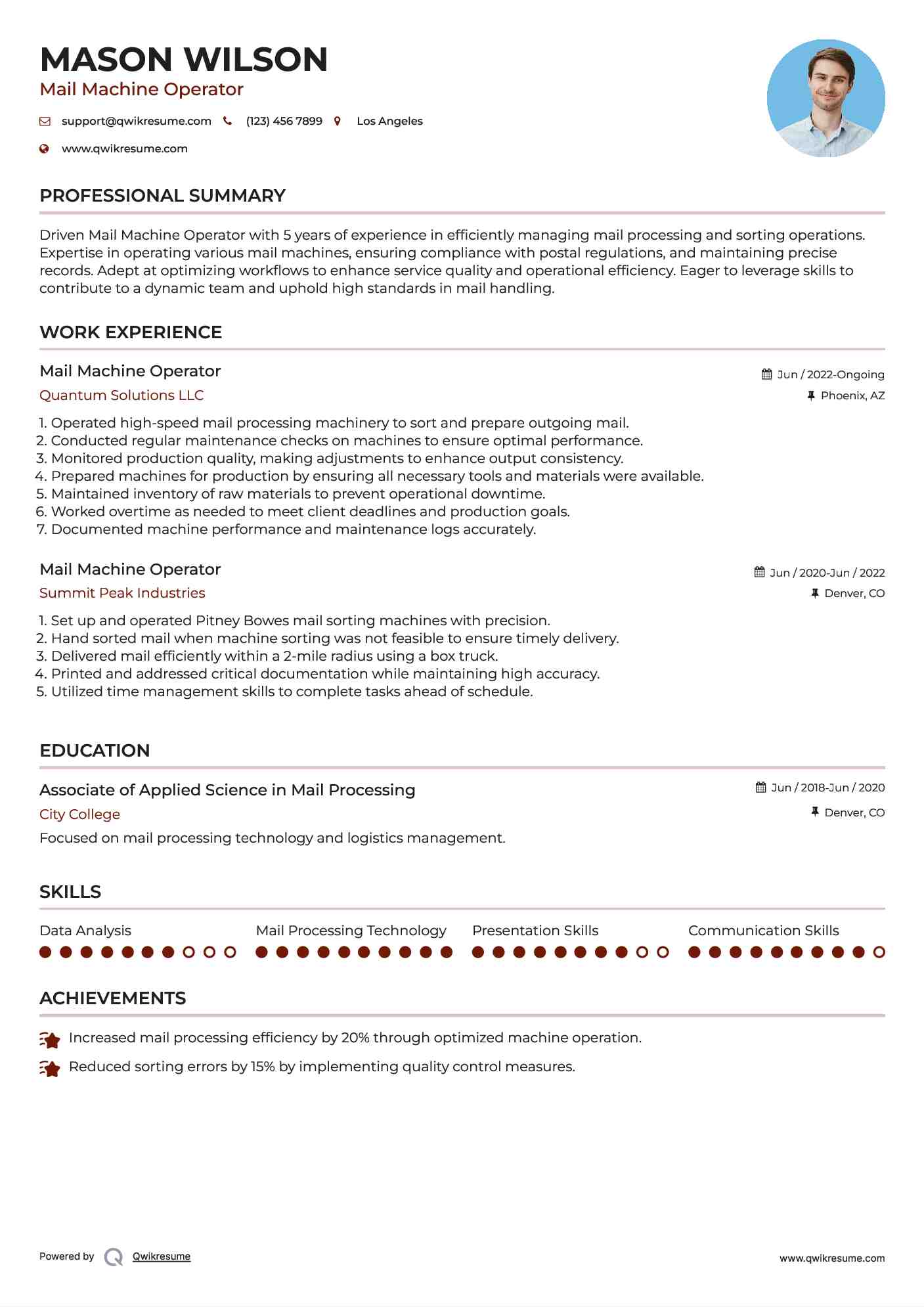 Mail Machine Operator Resume Sample