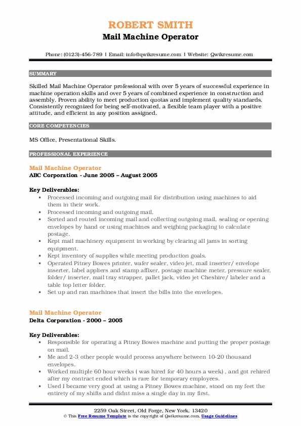Mail Machine Operator Resume Samples QwikResume