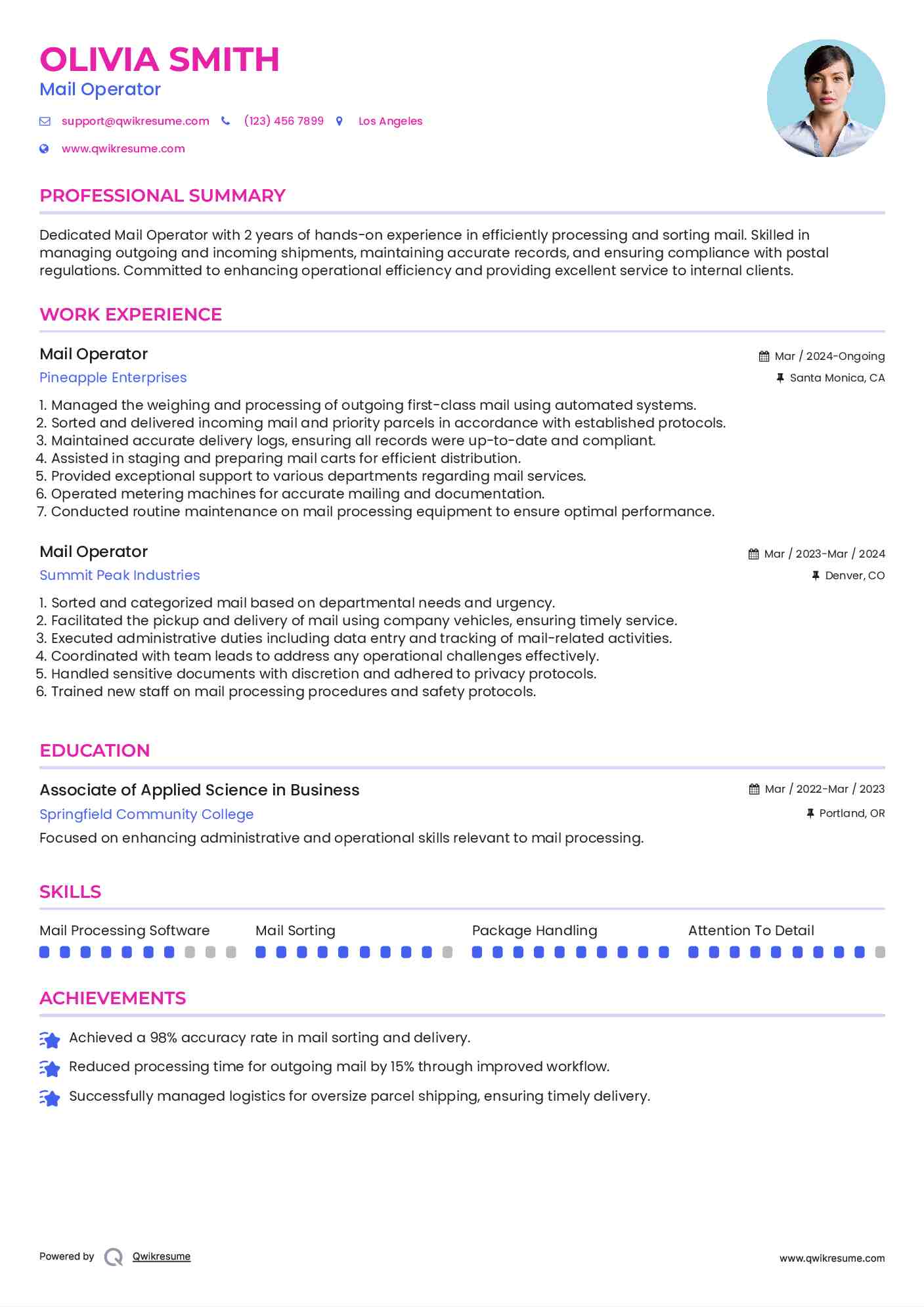 Mail Operator Resume Model