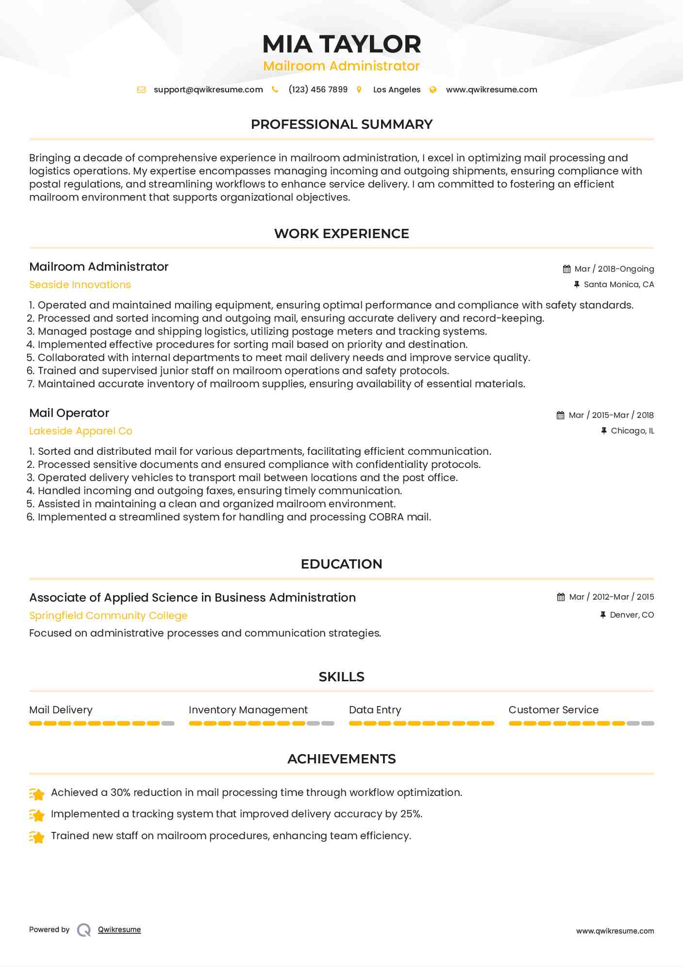 Mailroom Administrator Resume Format