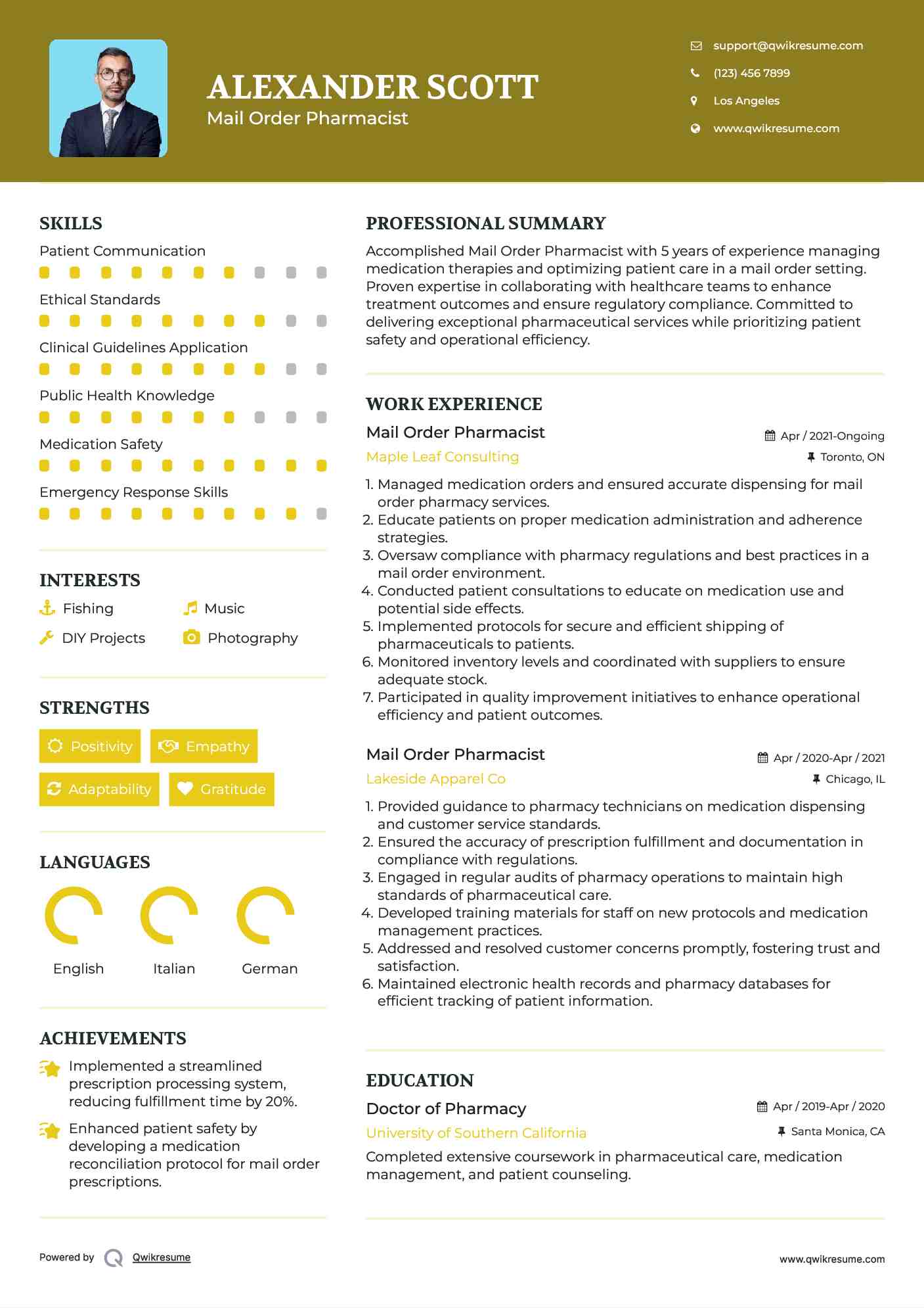 Mail Order Pharmacist Resume Example