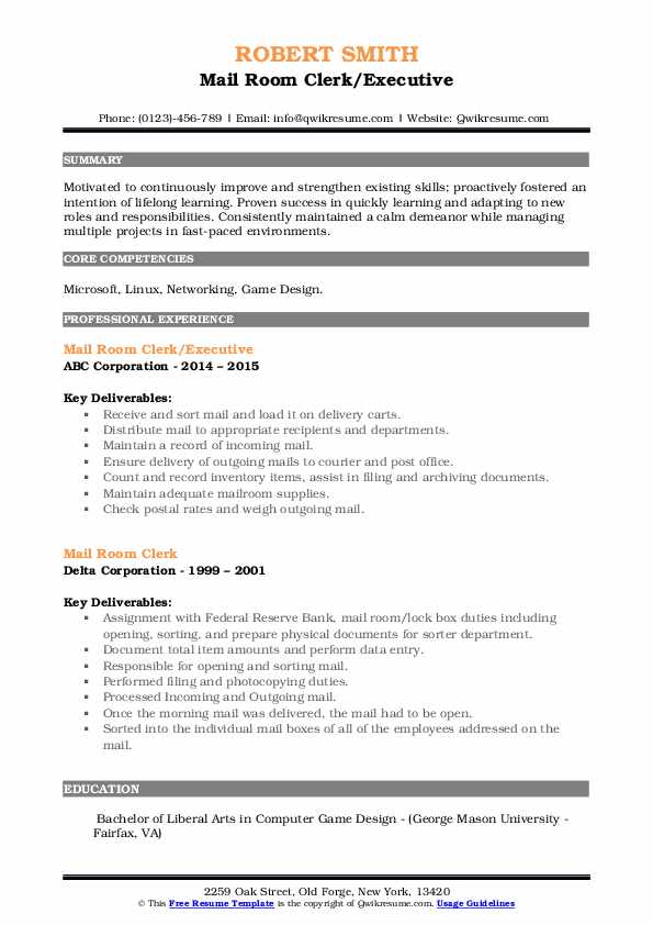 Mail Room Clerk Resume Samples QwikResume
