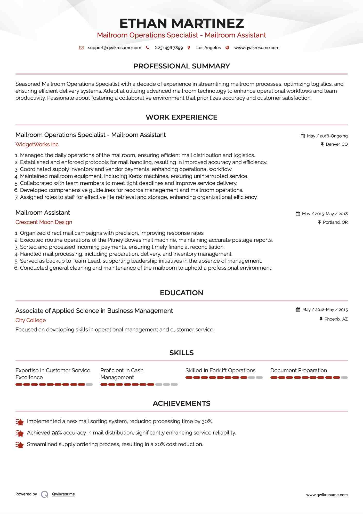 Mailroom Assistant Resume Samples QwikResume