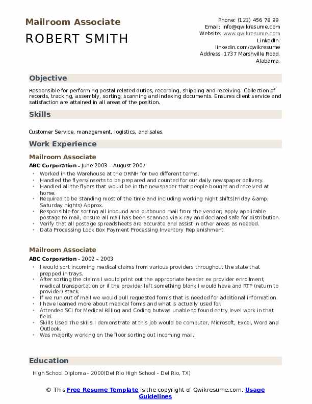 Mailroom Associate Resume Samples QwikResume
