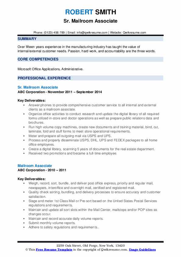 Mailroom Associate Resume Samples QwikResume