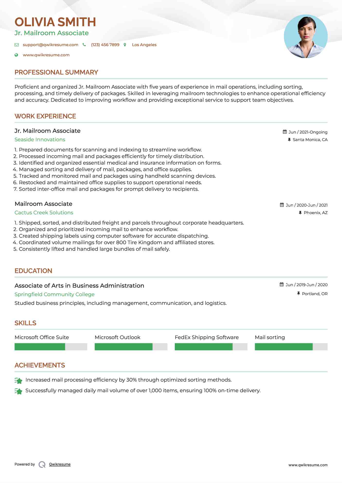 Mailroom Associate Resume Samples QwikResume