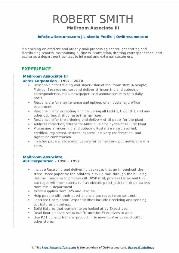 Mailroom Associate Resume Samples QwikResume