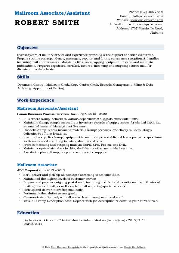Mailroom Associate Resume Samples QwikResume