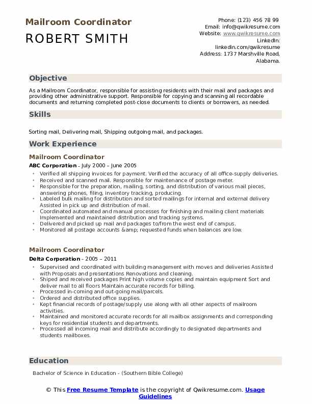 Mailroom Coordinator Resume Samples QwikResume