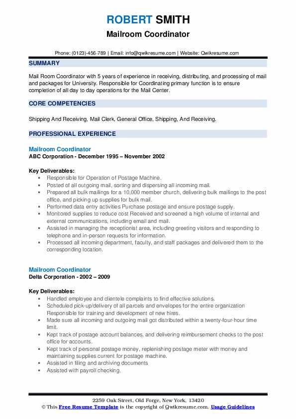 Mailroom Coordinator Resume Samples QwikResume