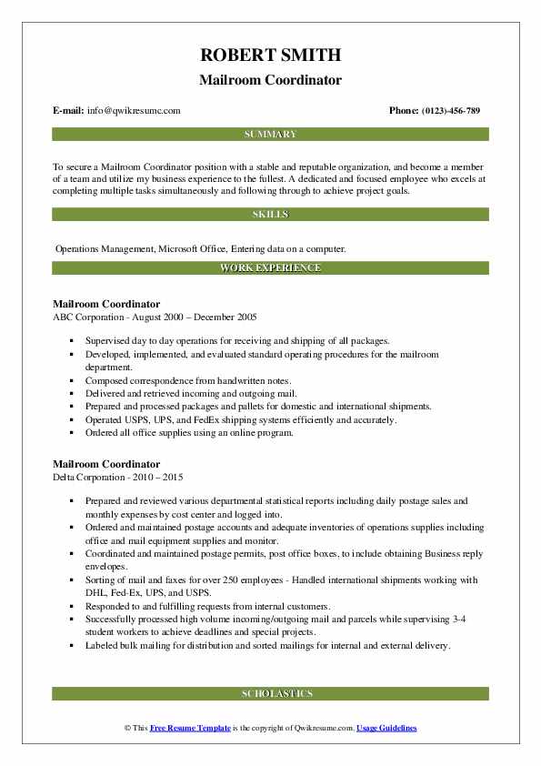Mailroom Coordinator Resume Samples QwikResume