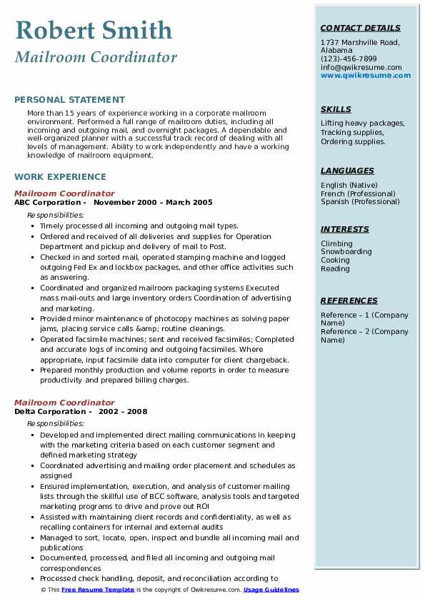 Mailroom Coordinator Resume Samples QwikResume
