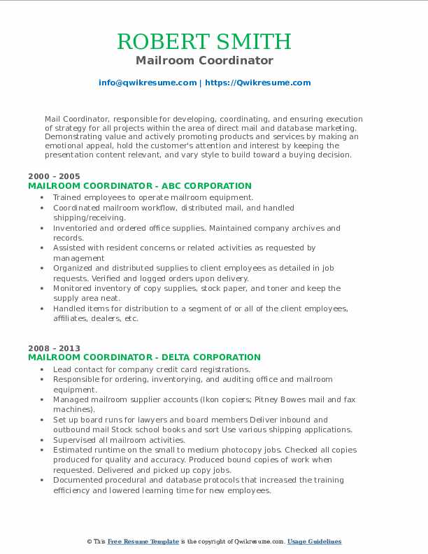 Mailroom Coordinator Resume Samples QwikResume