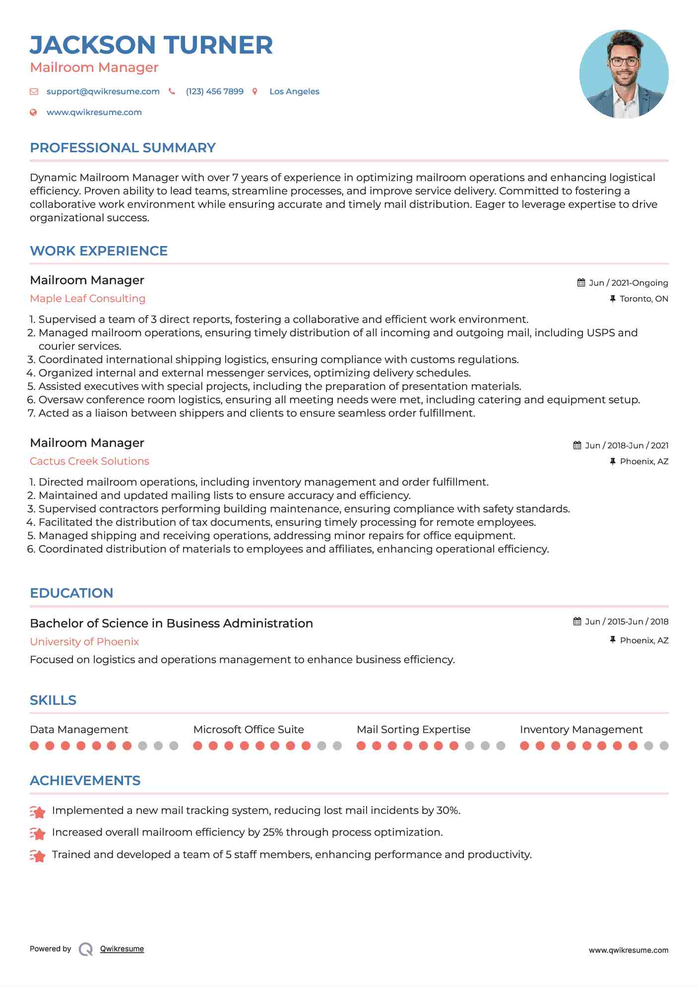 Mailroom Manager Resume Samples QwikResume