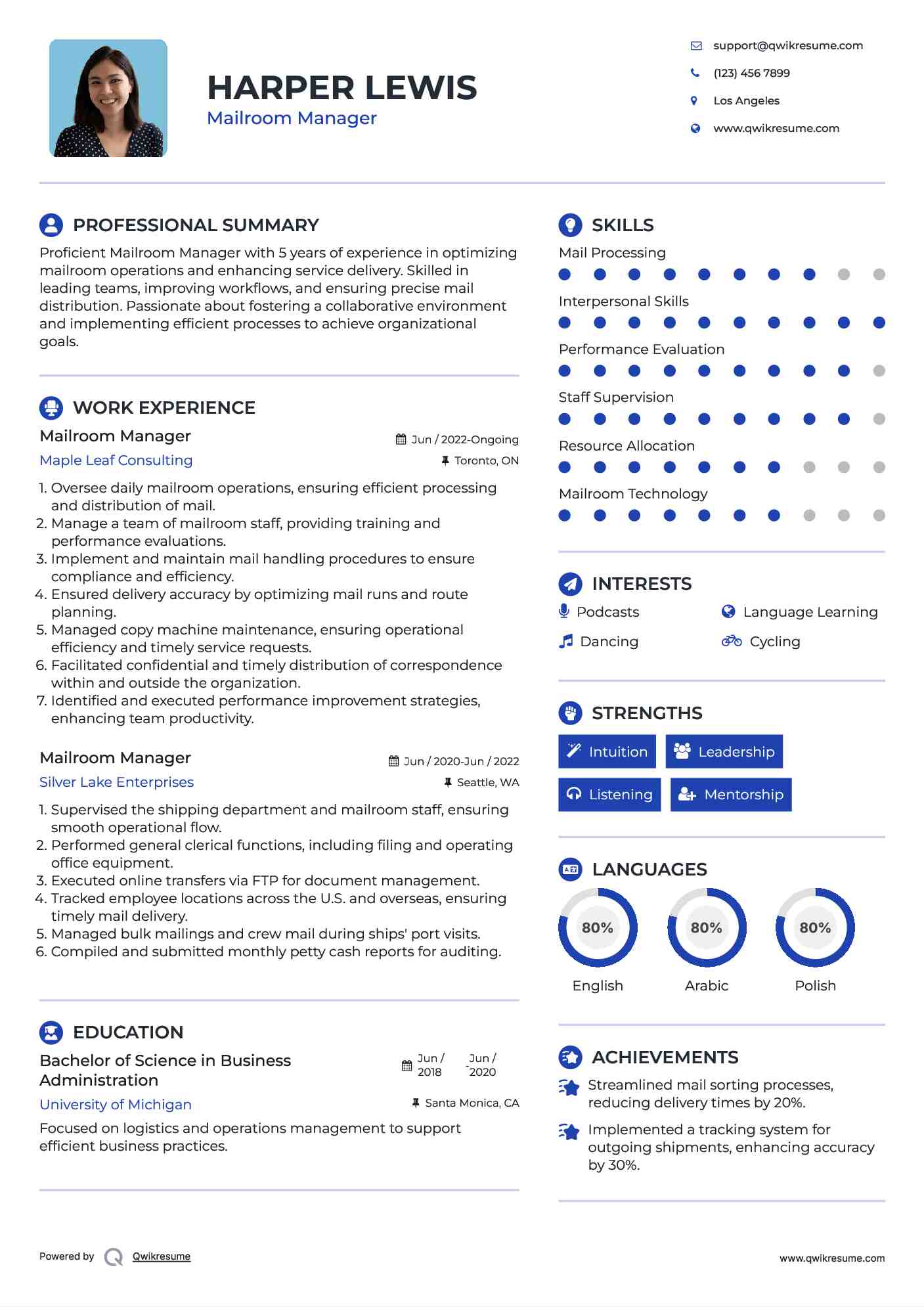 Mailroom Manager Resume Samples QwikResume