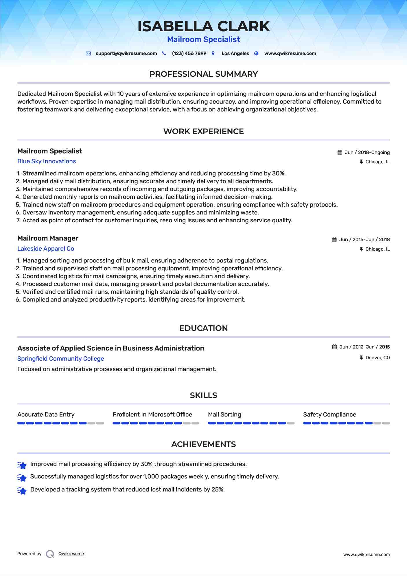 Mailroom Specialist Resume Model