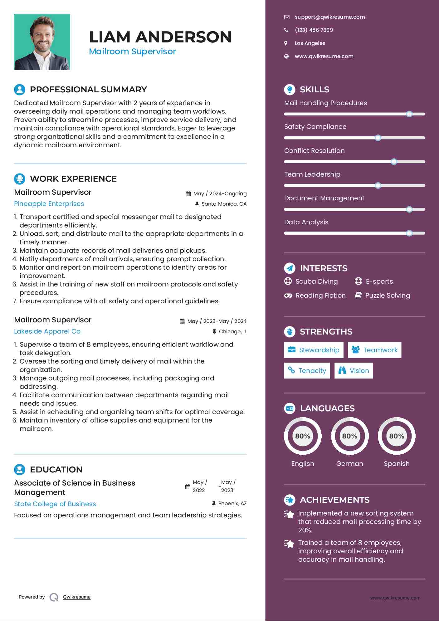 Mailroom Supervisor Resume Samples QwikResume