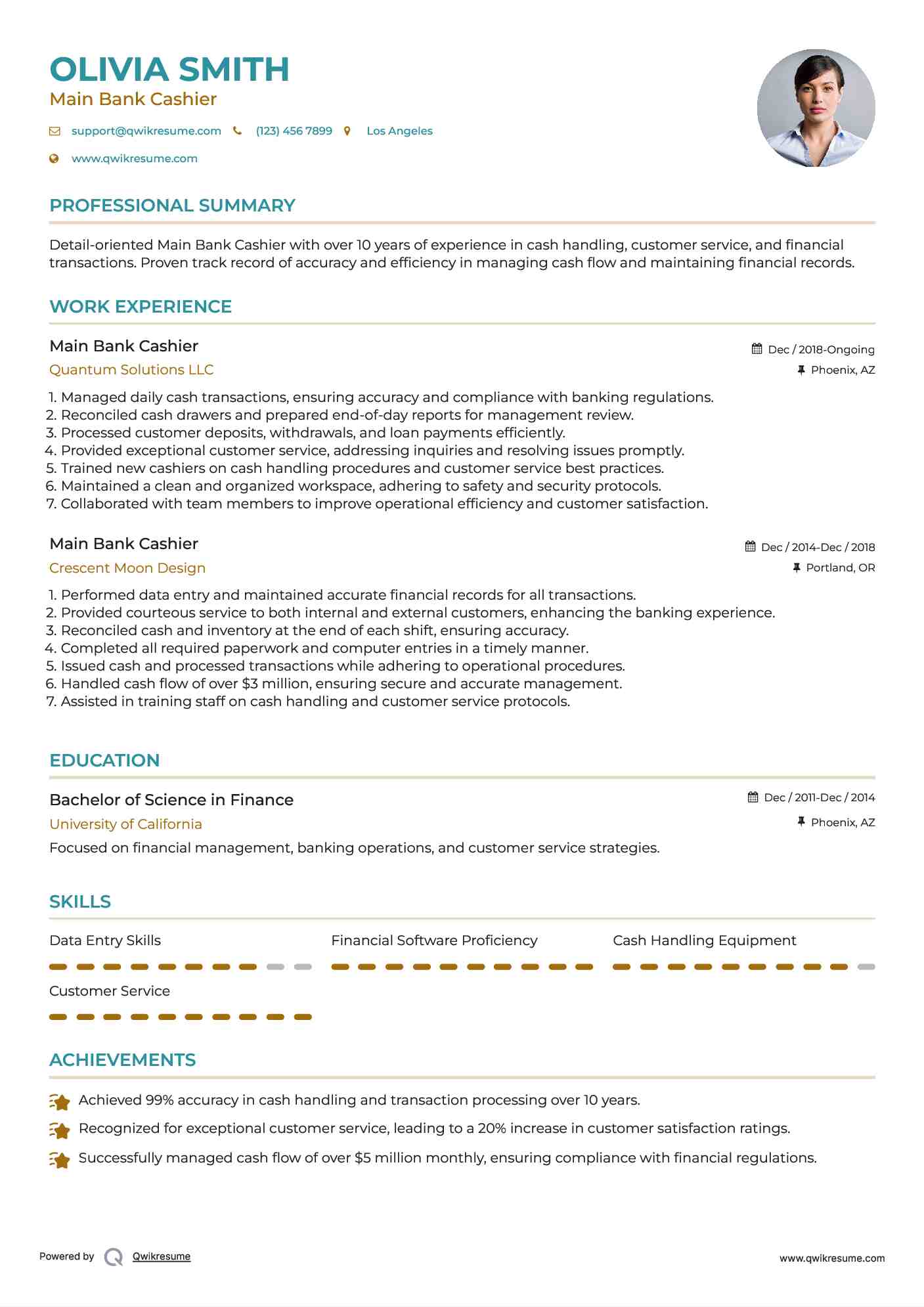 Main Bank Cashier Resume Example