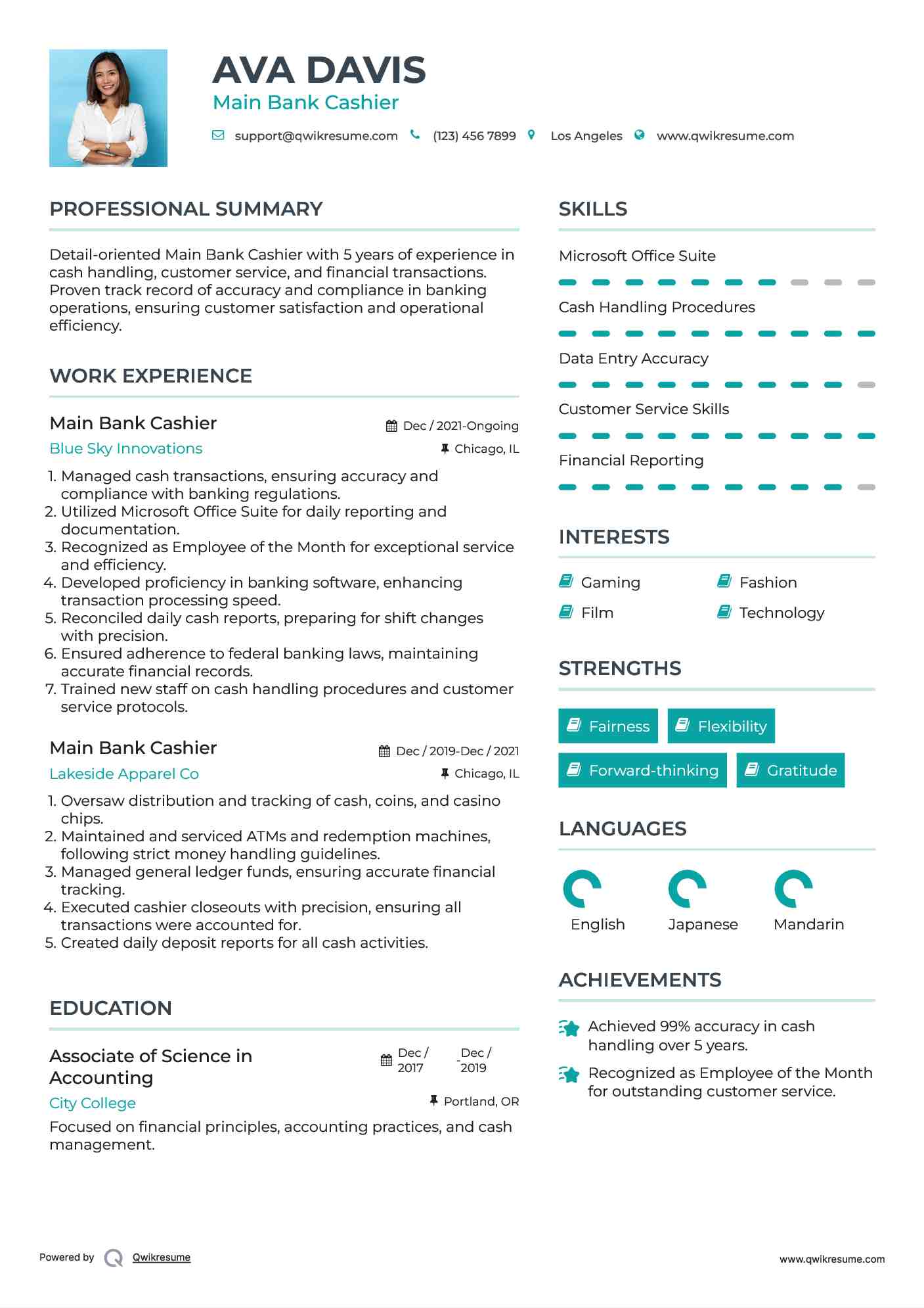 Main Bank Cashier Resume Format