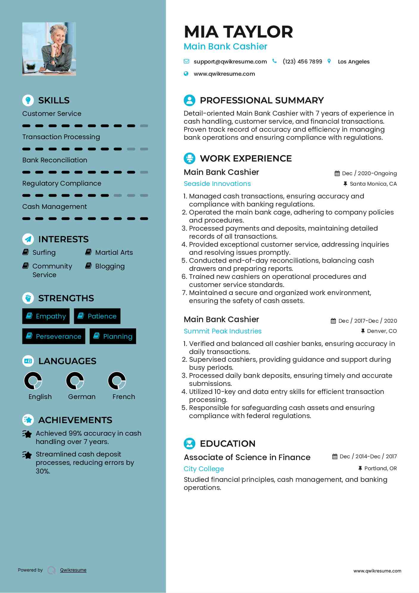 Main Bank Cashier Resume Model