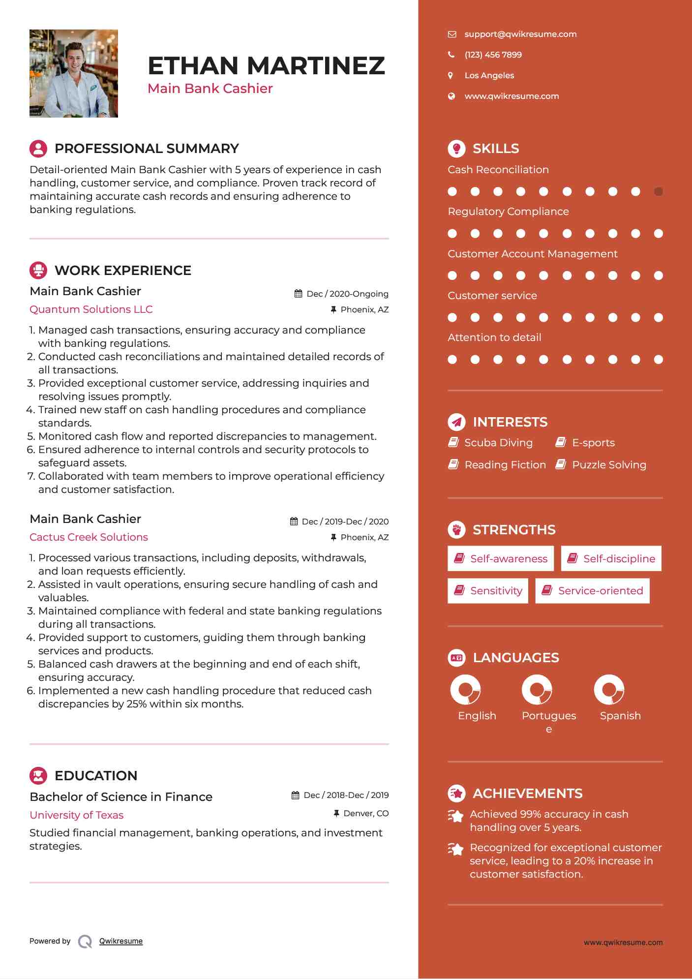 Main Bank Cashier Resume Example