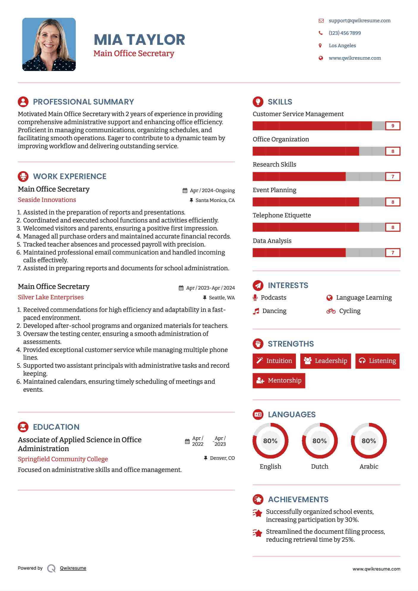 Main Office Secretary Resume Format