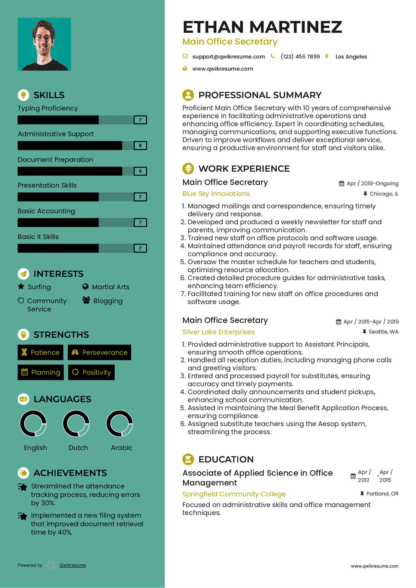 Main Office Secretary Resume Example