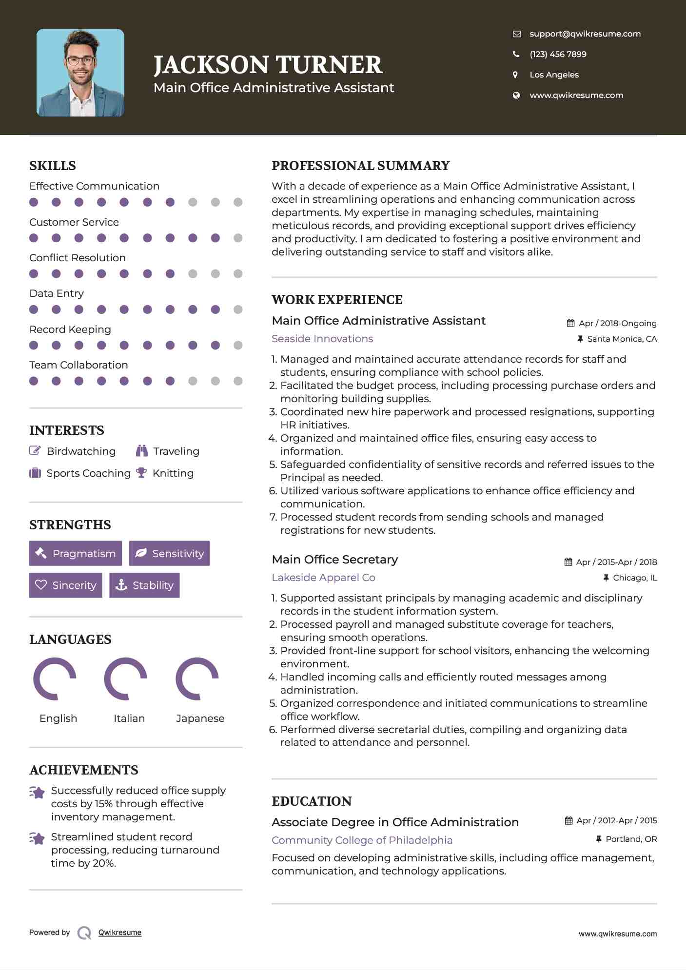 Main Office Administrative Assistant Resume Sample