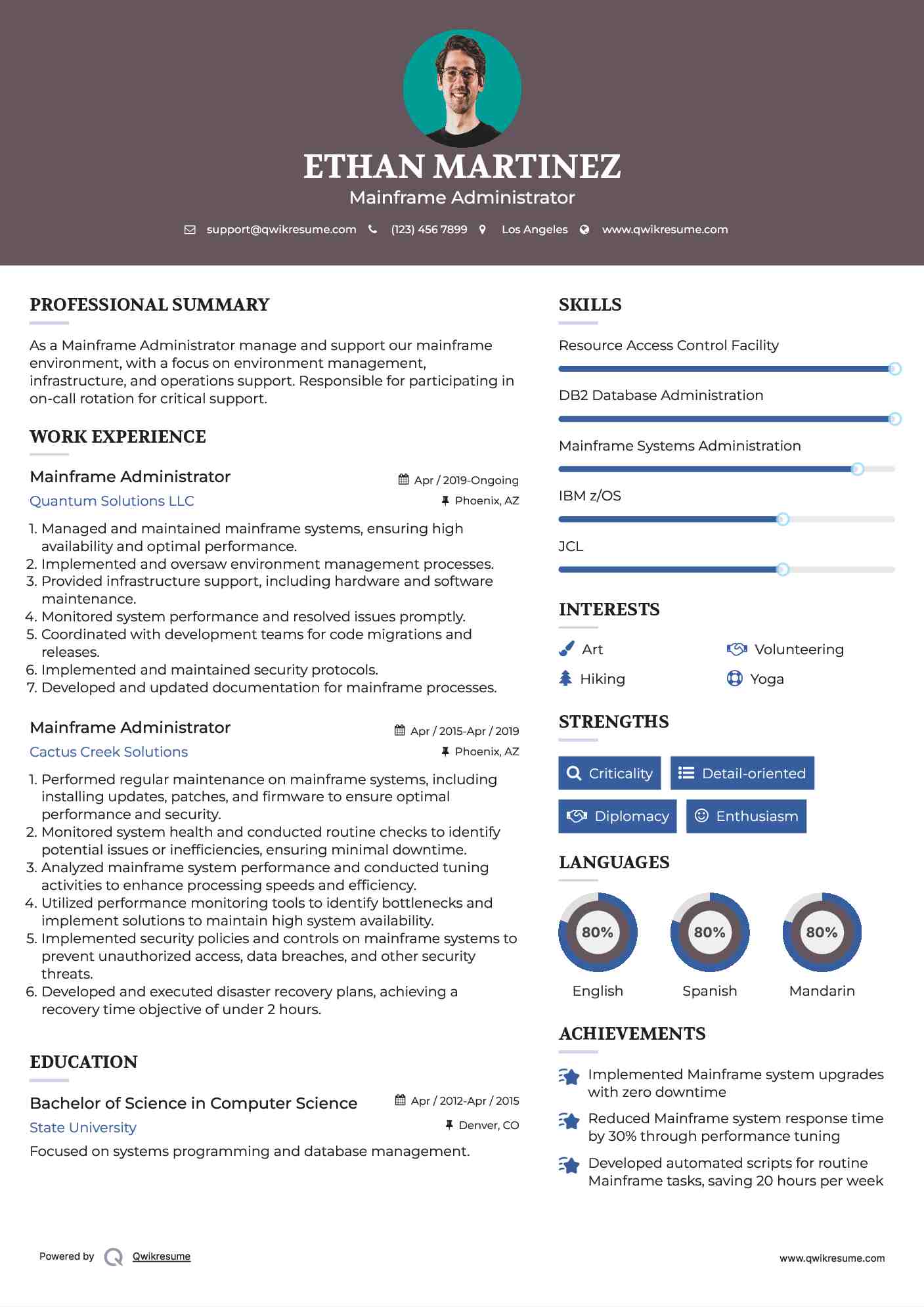 Mainframe Administrator Resume Sample