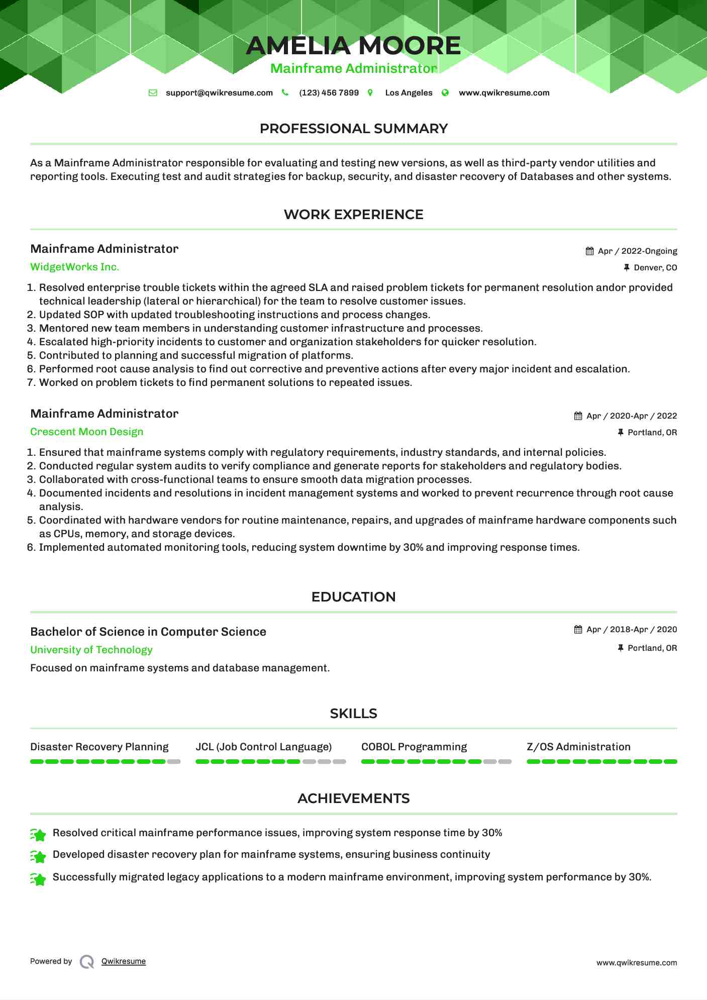 Mainframe Administrator Resume Example