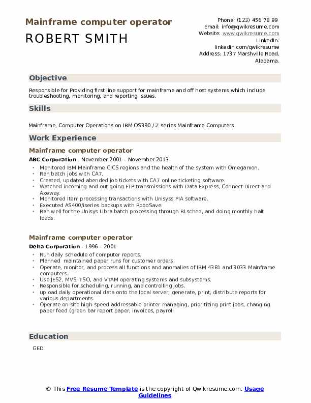 Mainframe computer operator Resume Samples QwikResume