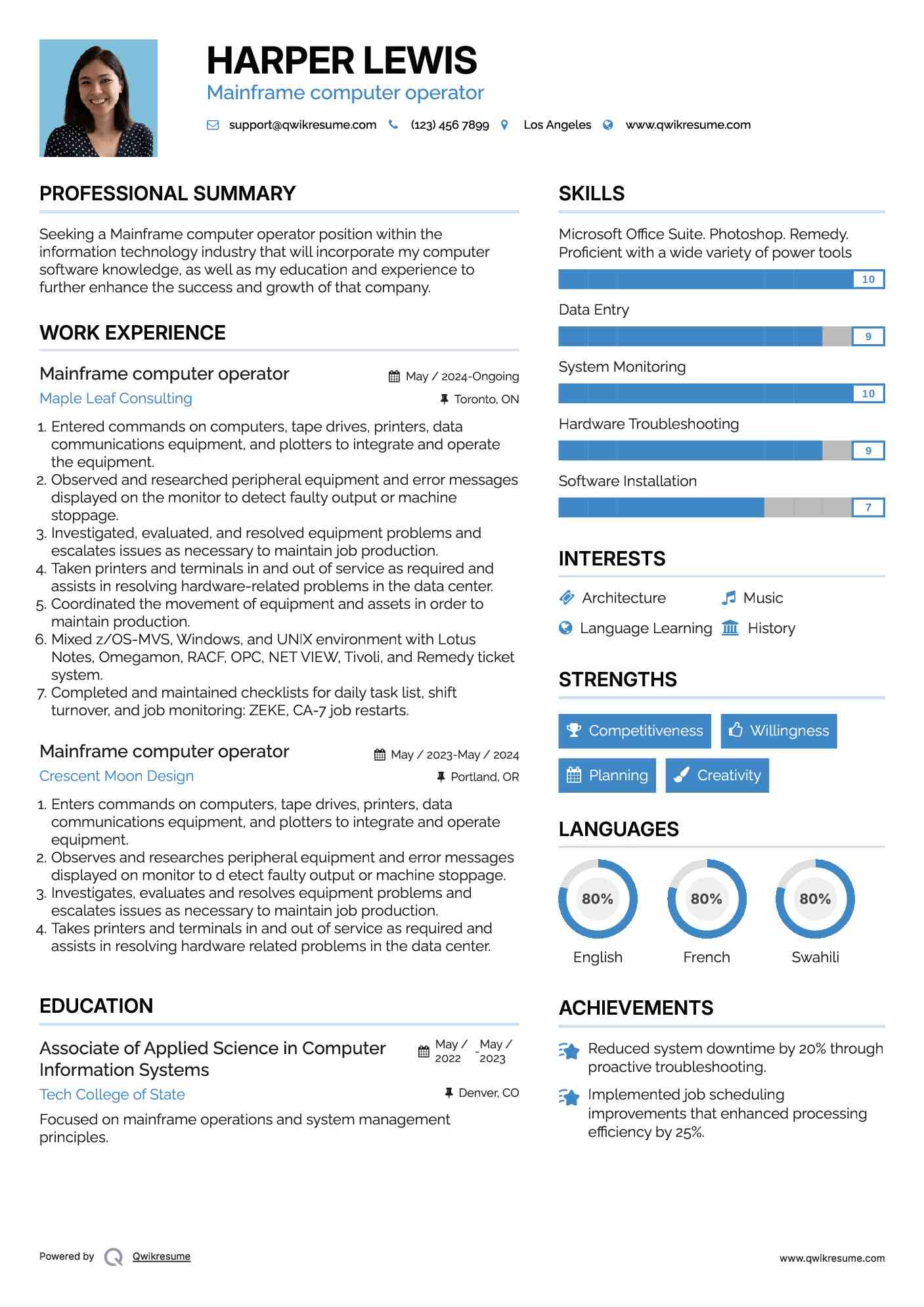Mainframe computer operator Resume Samples QwikResume