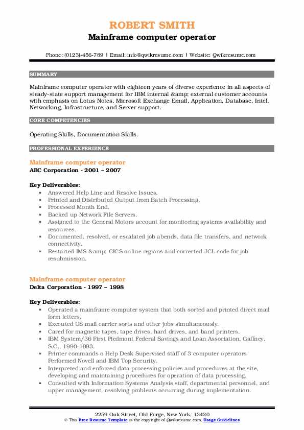 Mainframe computer operator Resume Samples QwikResume