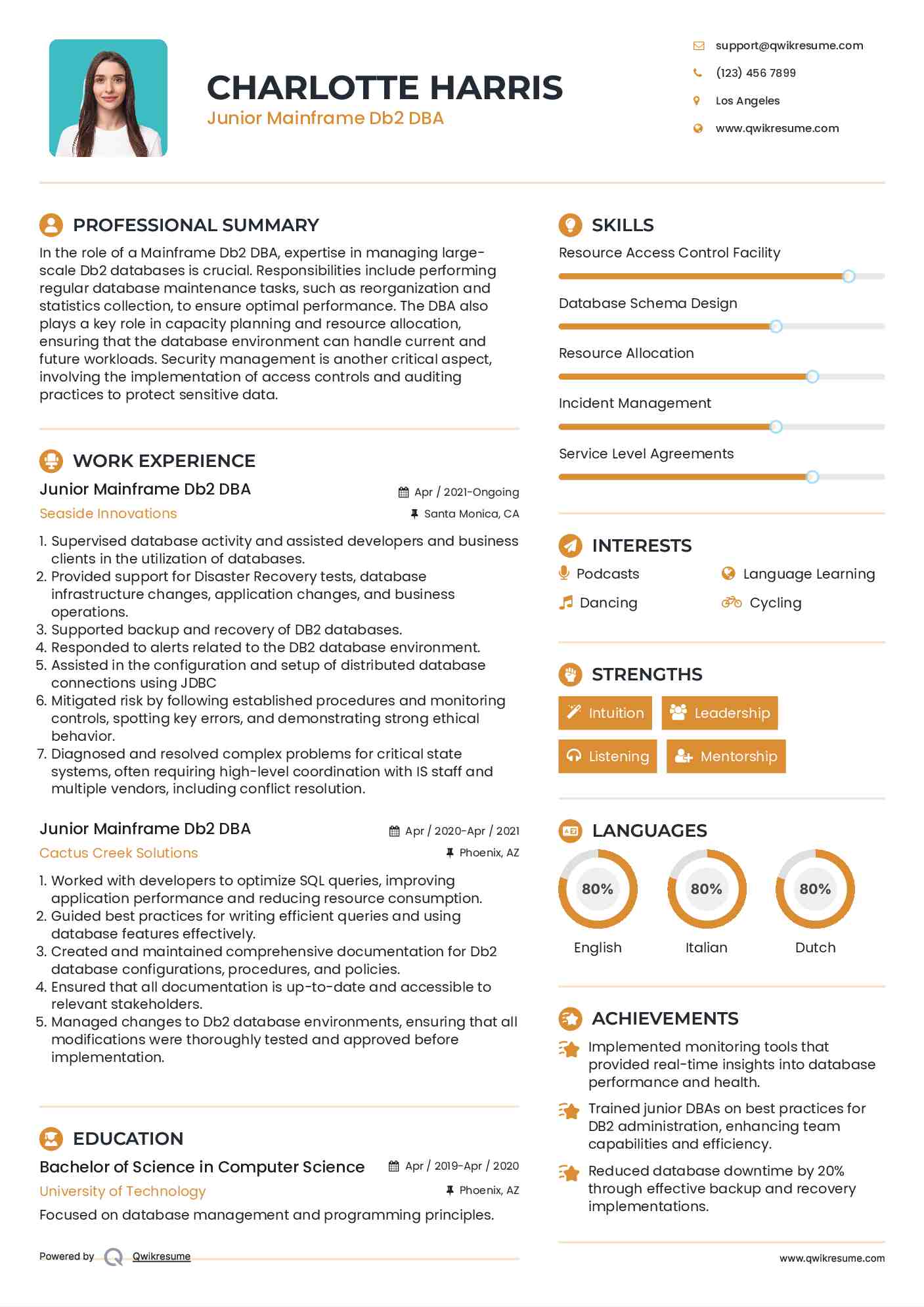 Junior Mainframe Db2 DBA Resume Template