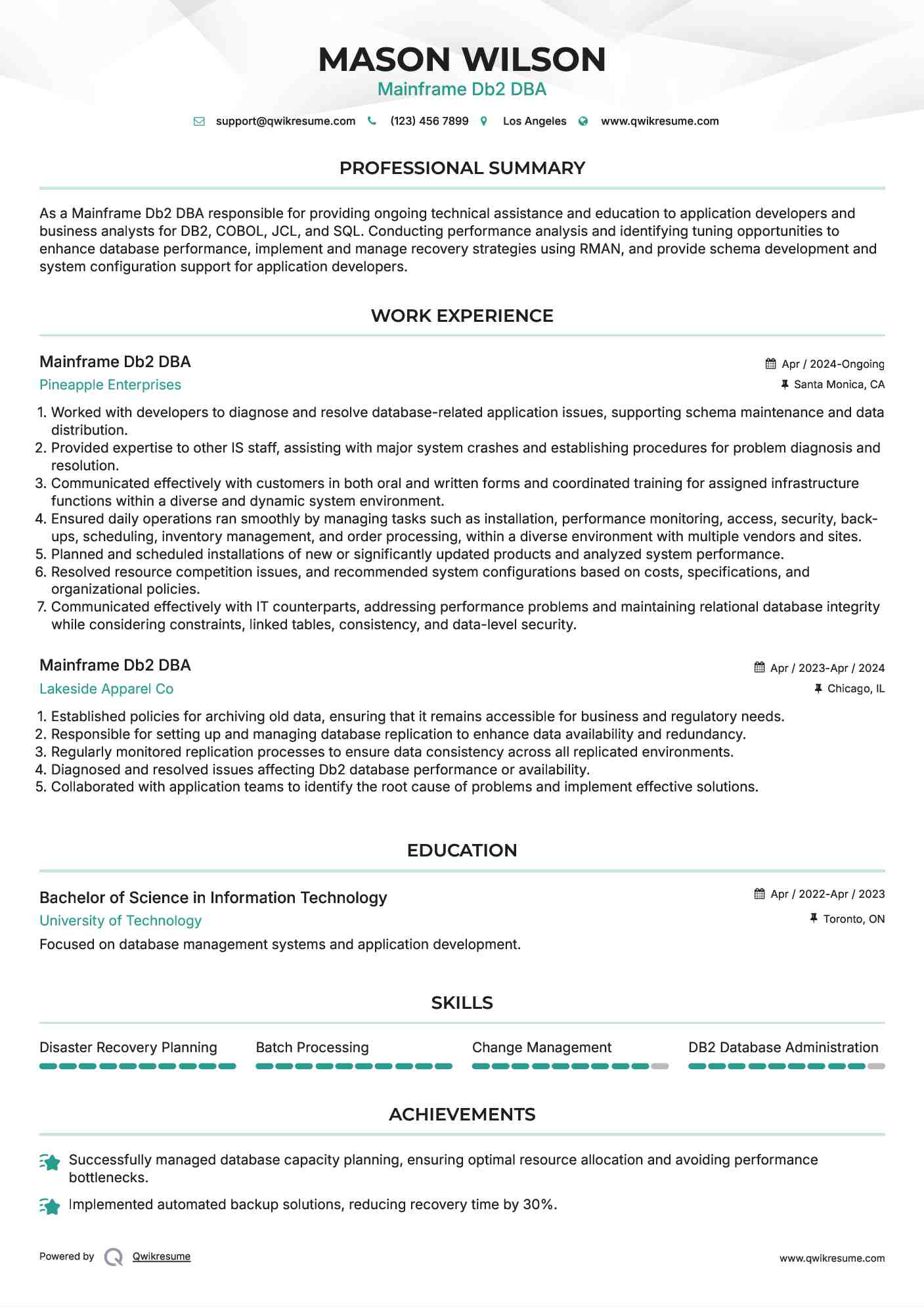 Mainframe Db2 DBA Resume Template
